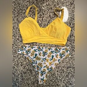 Yellow Bikini Set with Floral High-Cut Bottoms